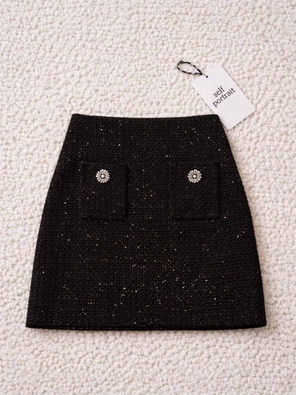 Self-Portrait Black Tweed Metallic Mini Skirt Size L Crystal Button NWT